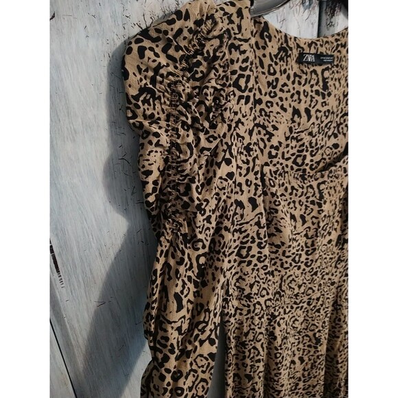 Zara Leopard Ruched Puff Long Sleeve Maxi Dress Xs Boho Cottage Core - Picture 5 of 9